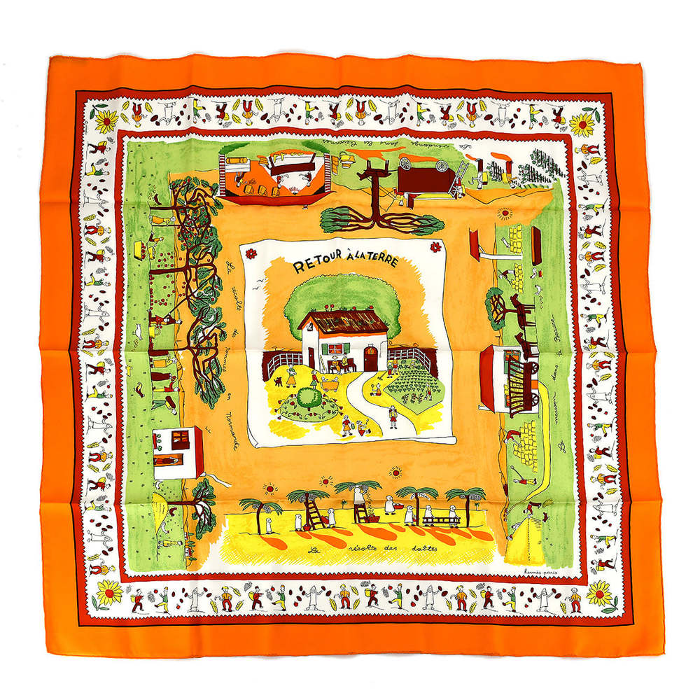 HERMES Carre 90 Retour a la Terre Scarf Orange Small Good 19131 - Picture 1 of 4
